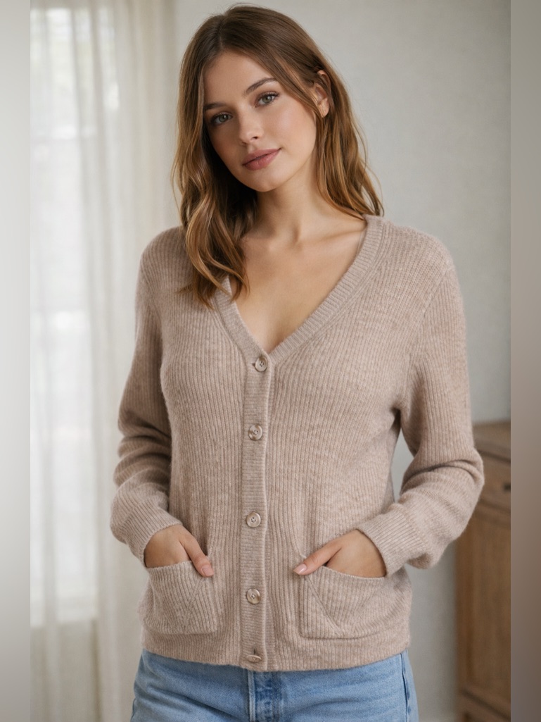 Wayf Beige V-Neck Button Front Cardigan